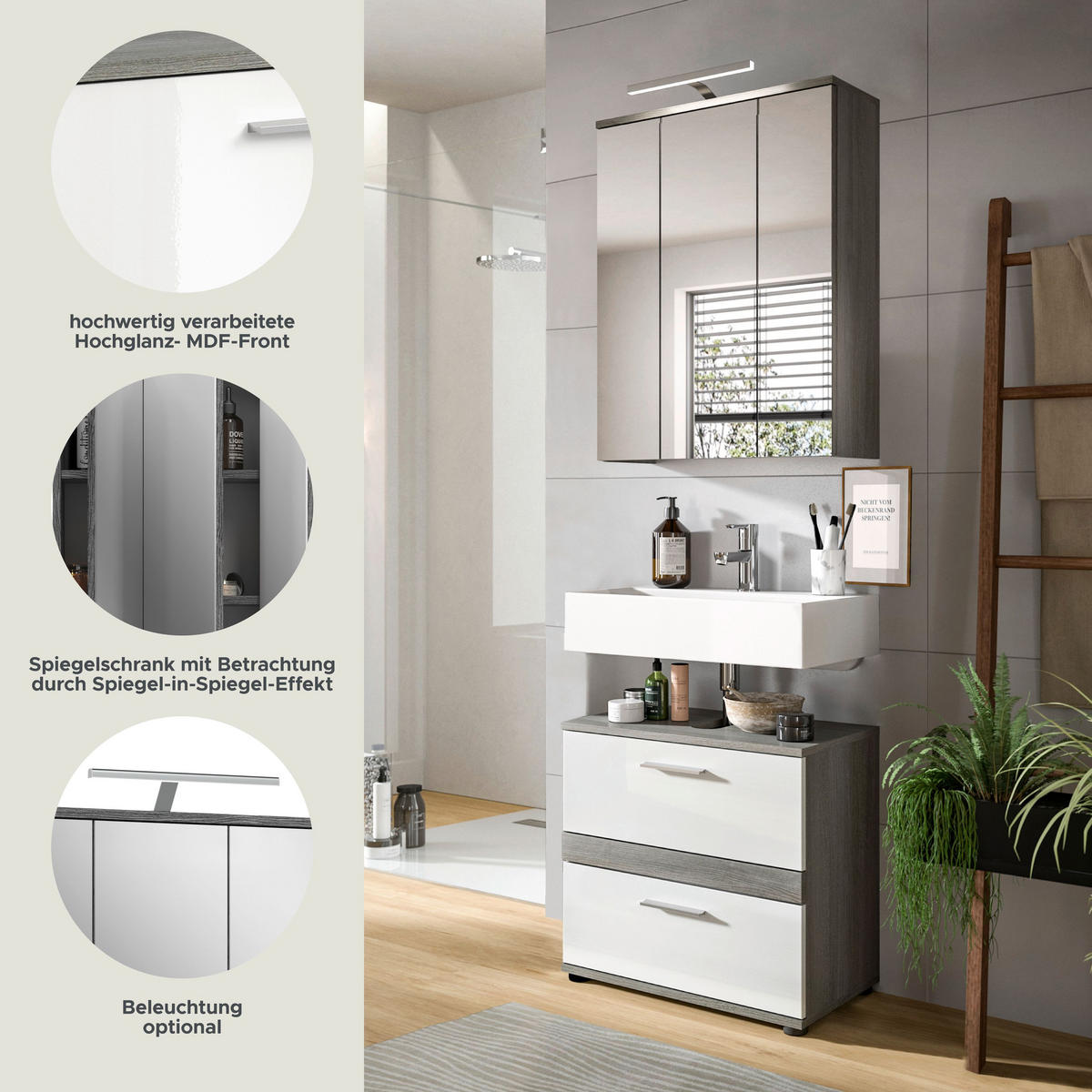 BADKOMBINATION inkl. Beleuchtung 2tlg. Blake Bad in Rauchsilber Nb. und weiß HG B/H/T: 60x191x34 cm - Anthrazit, Holz (60/191/34cm)