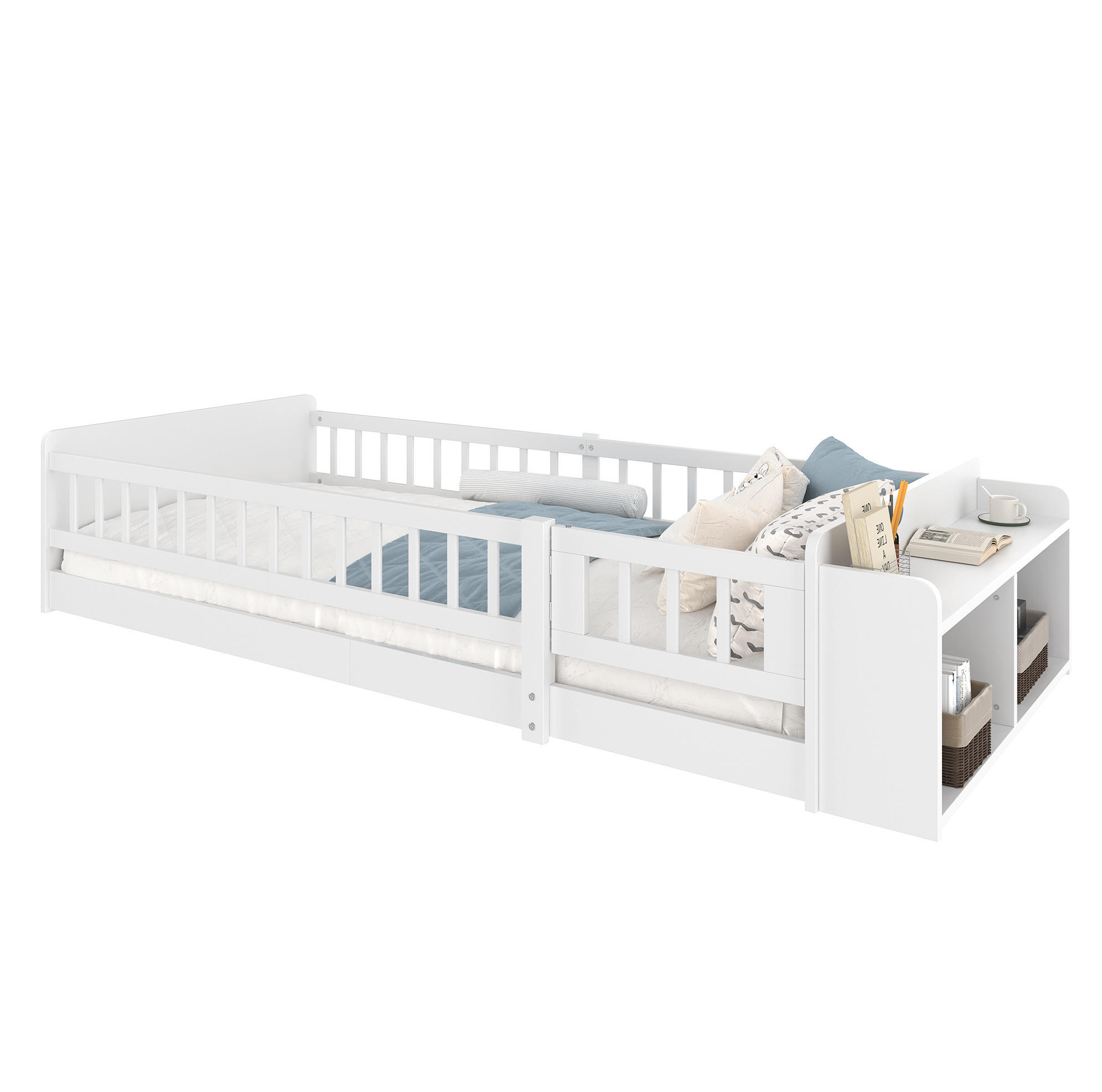 KINDERBETT 90/200 cm mit offenem Stauraum, Regalen und aufklappbarer Zauntür aus Kiefern , Weiß - Weiß, Holzwerkstoff (90/200cm) - Redom