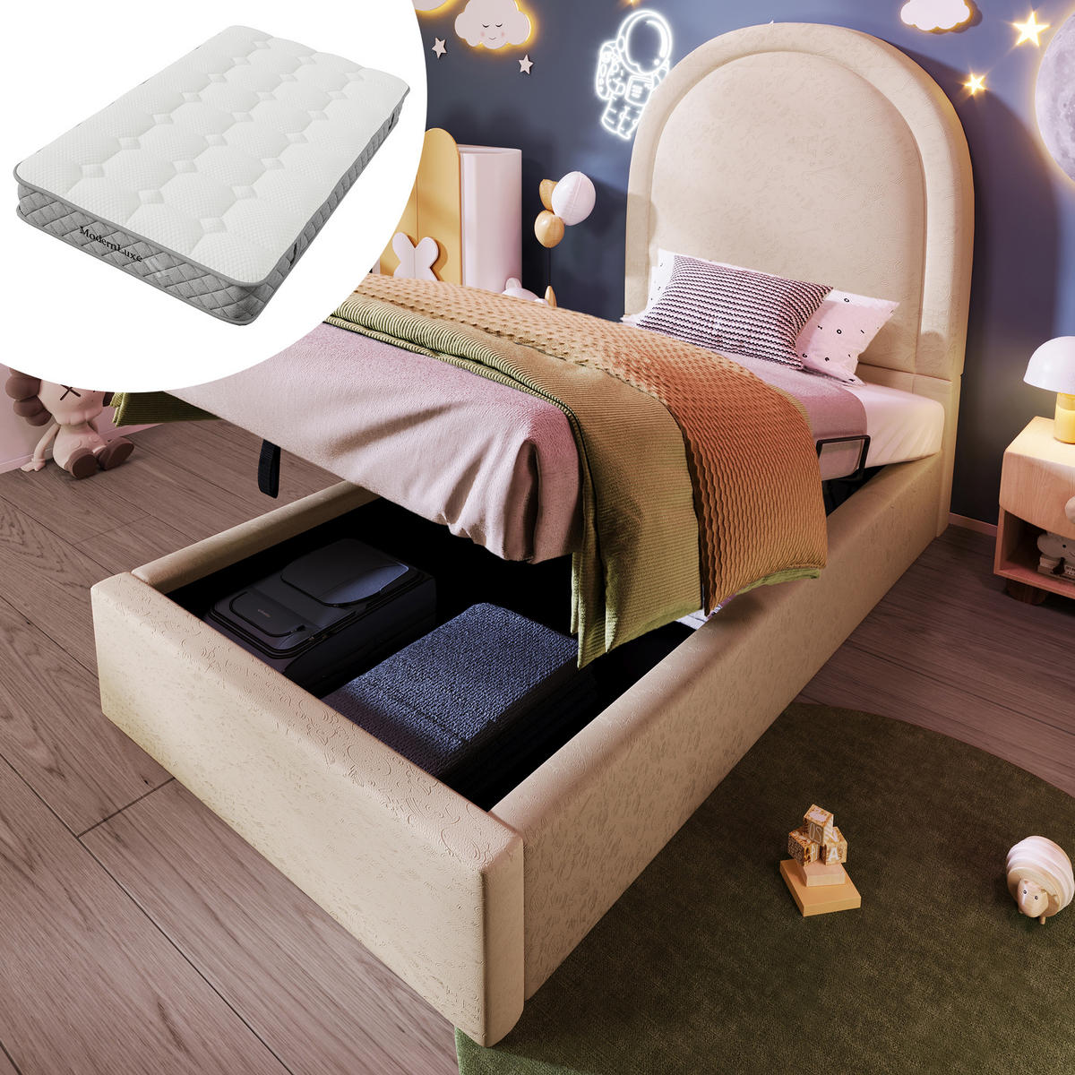 POLSTERBETT aus Kunstleder 90x200 cm in Beige mit Matratze & Stauraum - Beige, Leder (90/200cm) - Modfu