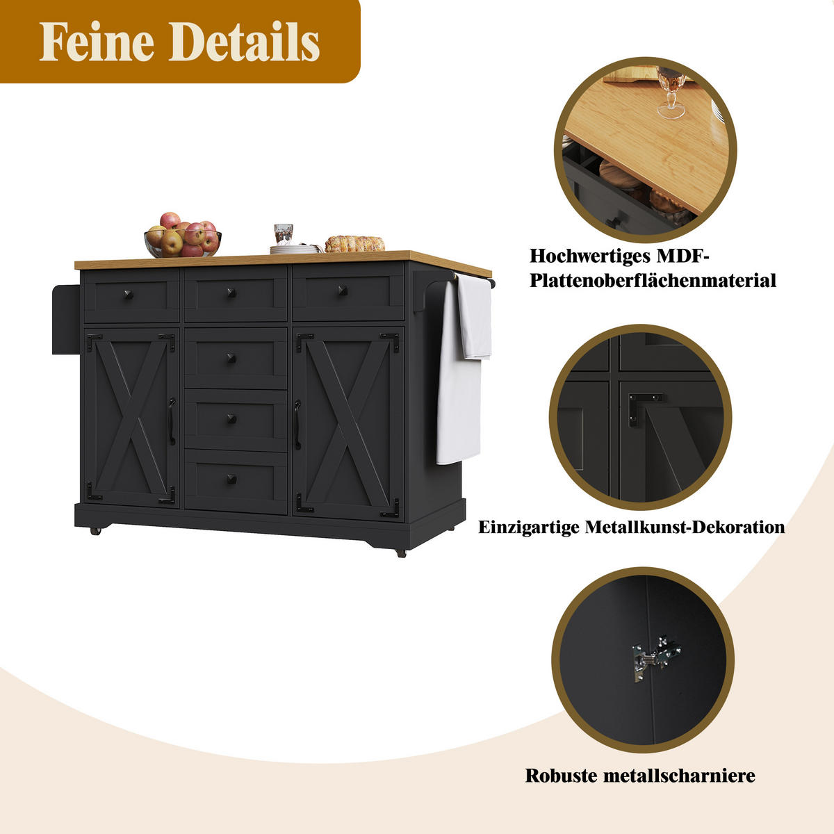 KÜCHENINSEL 147/70/93 cm Schwarz mit Klappblatt, Großem Stauraum und Rollen - Schwarz, Holz/Holzwerkstoff (147/93/70cm) - Oxeza