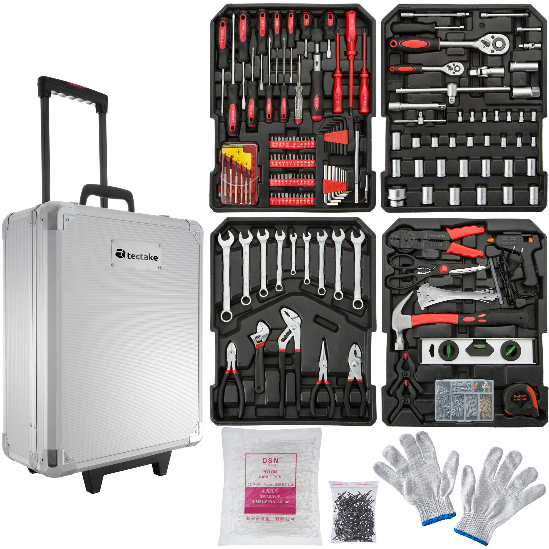 WERKZEUGKOFFER ,mit Klappgriff und Teleskopgriff, inklusive Handschuhe,silber - Silberfarben, Metall (20/51/37cm) - tectake