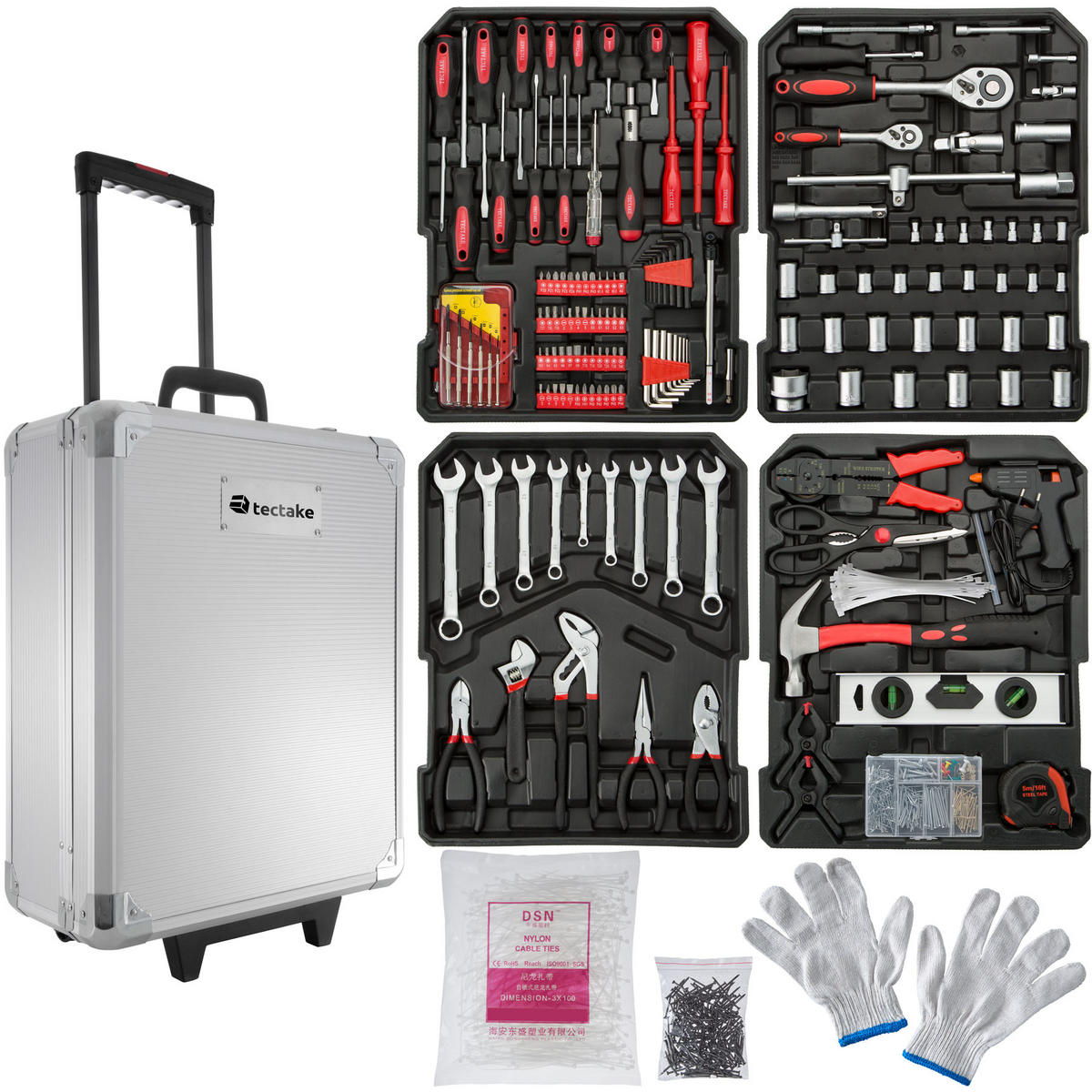 WERKZEUGKOFFER ,mit Klappgriff und Teleskopgriff, inklusive Handschuhe,silber - Silberfarben, Metall (20/51/37cm) - tectake