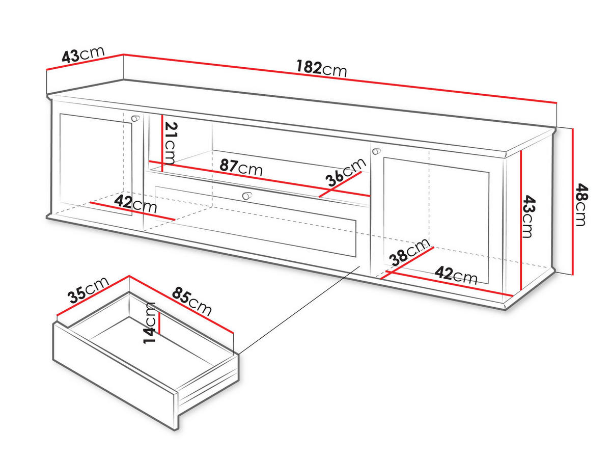TV-LOWBOARD Gacoris 2D1SZ - Hellgrau/Weiß, Holzwerkstoff/Kunststoff (182/48/43cm) - MIRJAN24