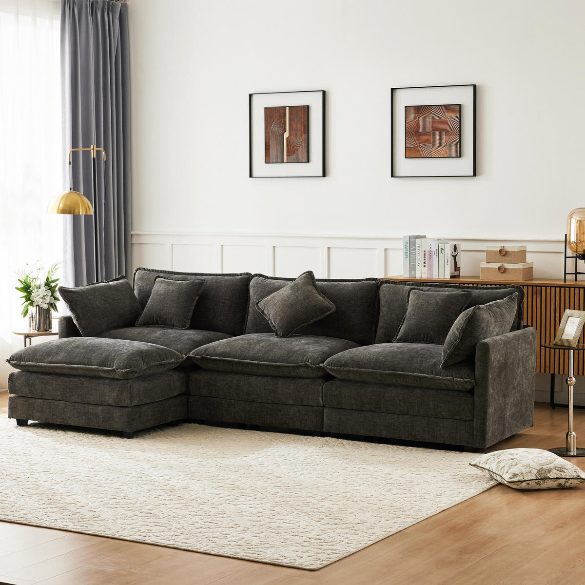 ECKSOFA 283x147x84 cm aus Chenille mit Hocker, dunkelgrau - Dunkelgrau, Textil (147/283cm) - Luhomfu
