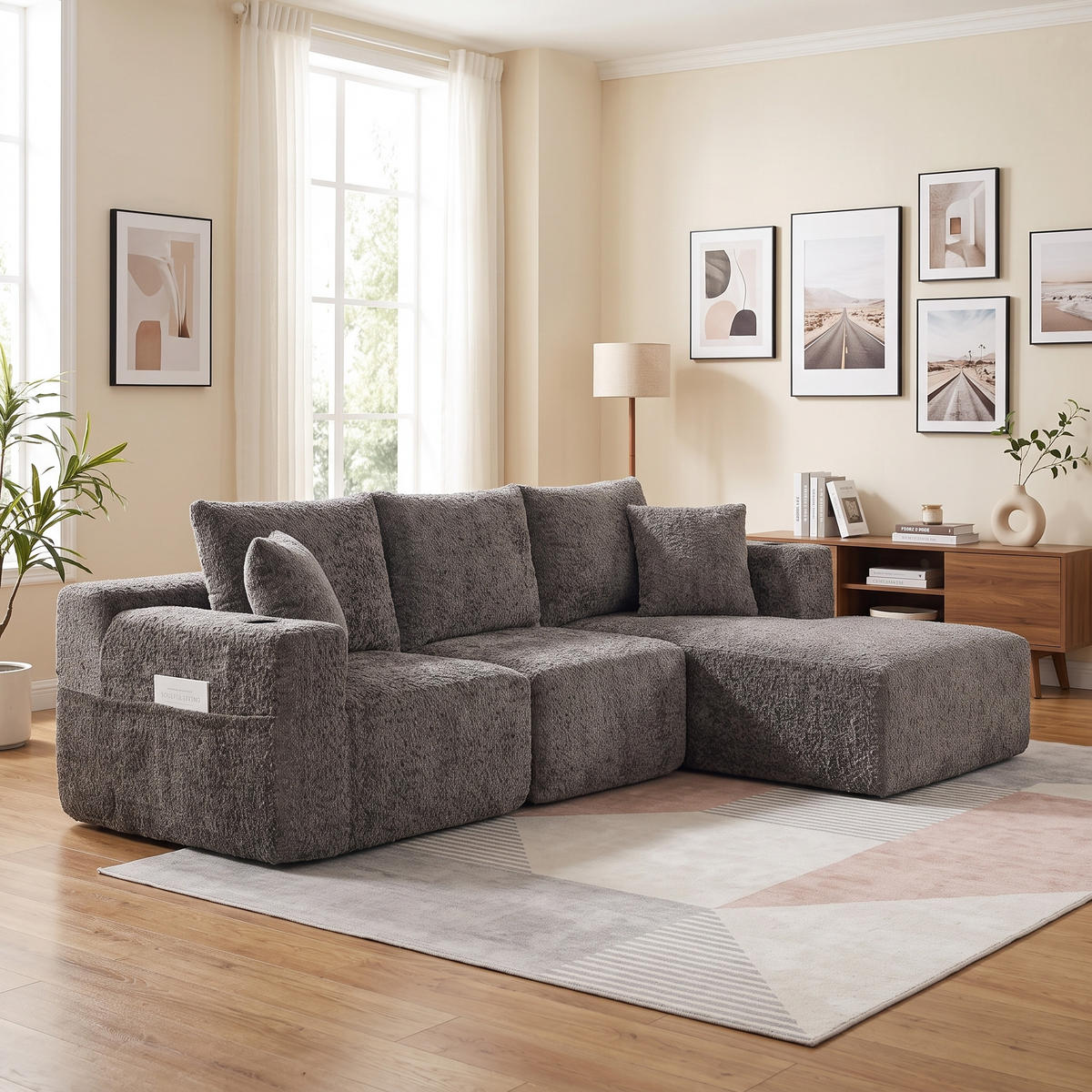 ECKSOFA Modulares L-Form Chenille mit Getränkehalter & Memory-Schaum 261cm - Dunkelgrau, Textil (261/165cm) - Urban Meuble