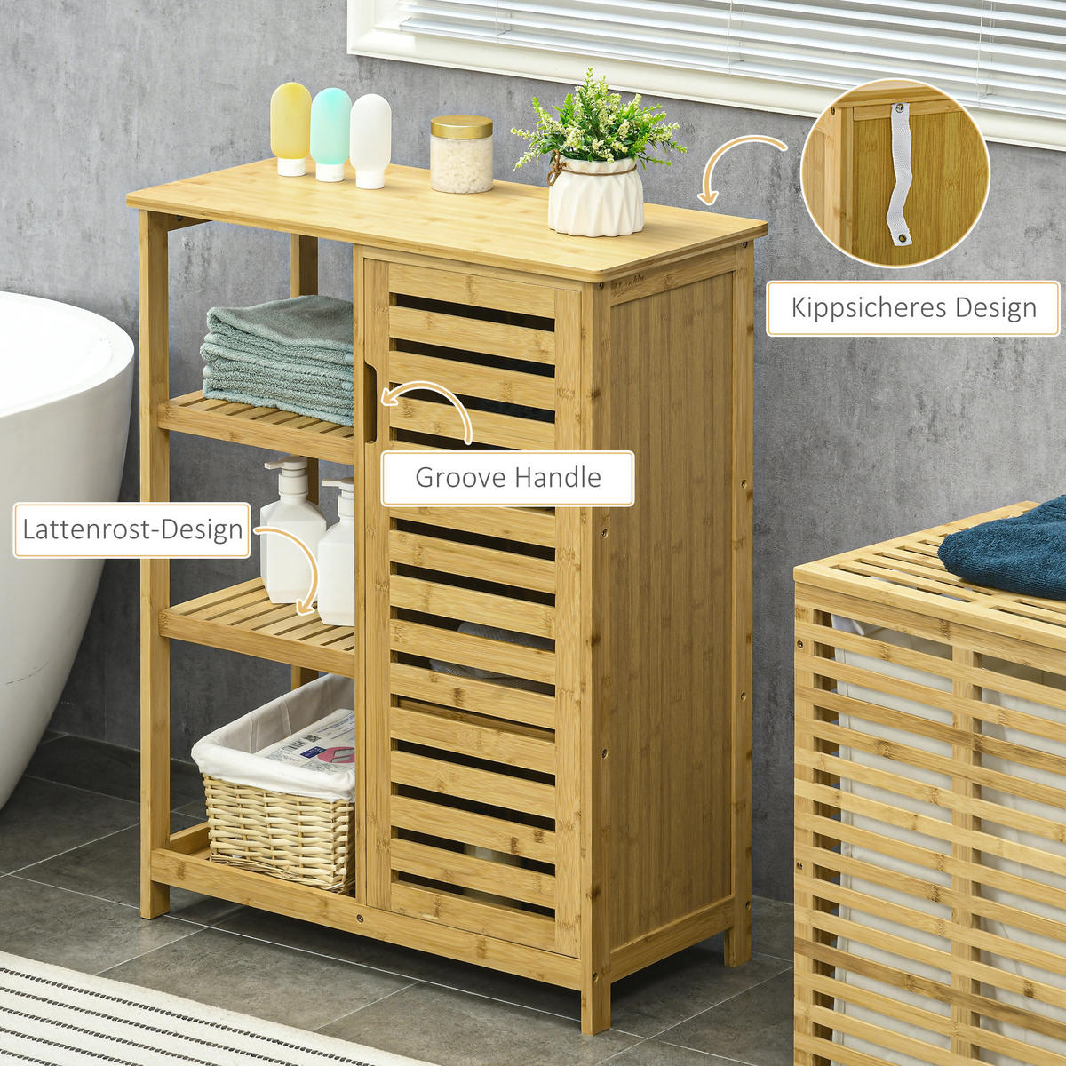 BADSCHRANK mit Schrankfach, 3 Offenen Ebenen, mit Kippschutz, Natur - Naturfarben, Holz (33/87/66cm) - Kleankin