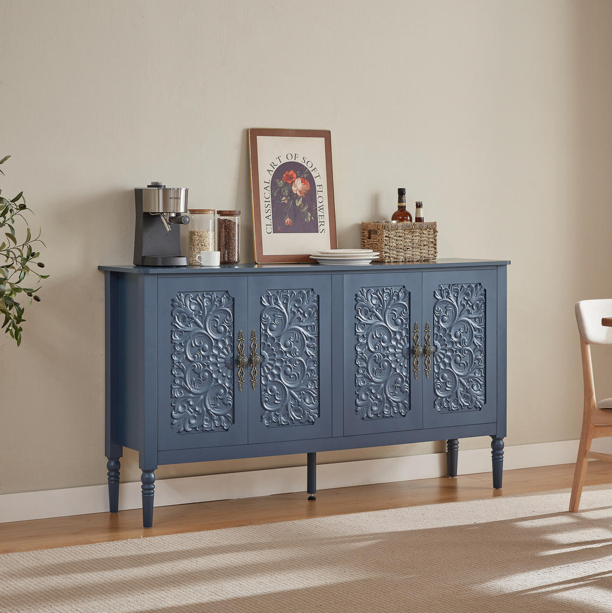 SIDEBOARD aus Spanplatte und MDF 160x40x89 cm Navyblau mit Reliefdekor und Stauraum - Dunkelblau, Holzwerkstoff (160/89/40cm) - IVMEU