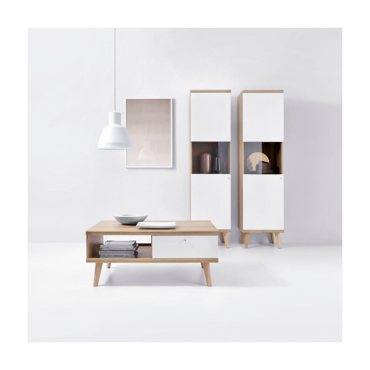 WOHNZIMMER Set 3-tlg. – Primo – Weiß / Sonoma Eiche - Weiß, Holzwerkstoff (50/197/40cm) - hi-markt