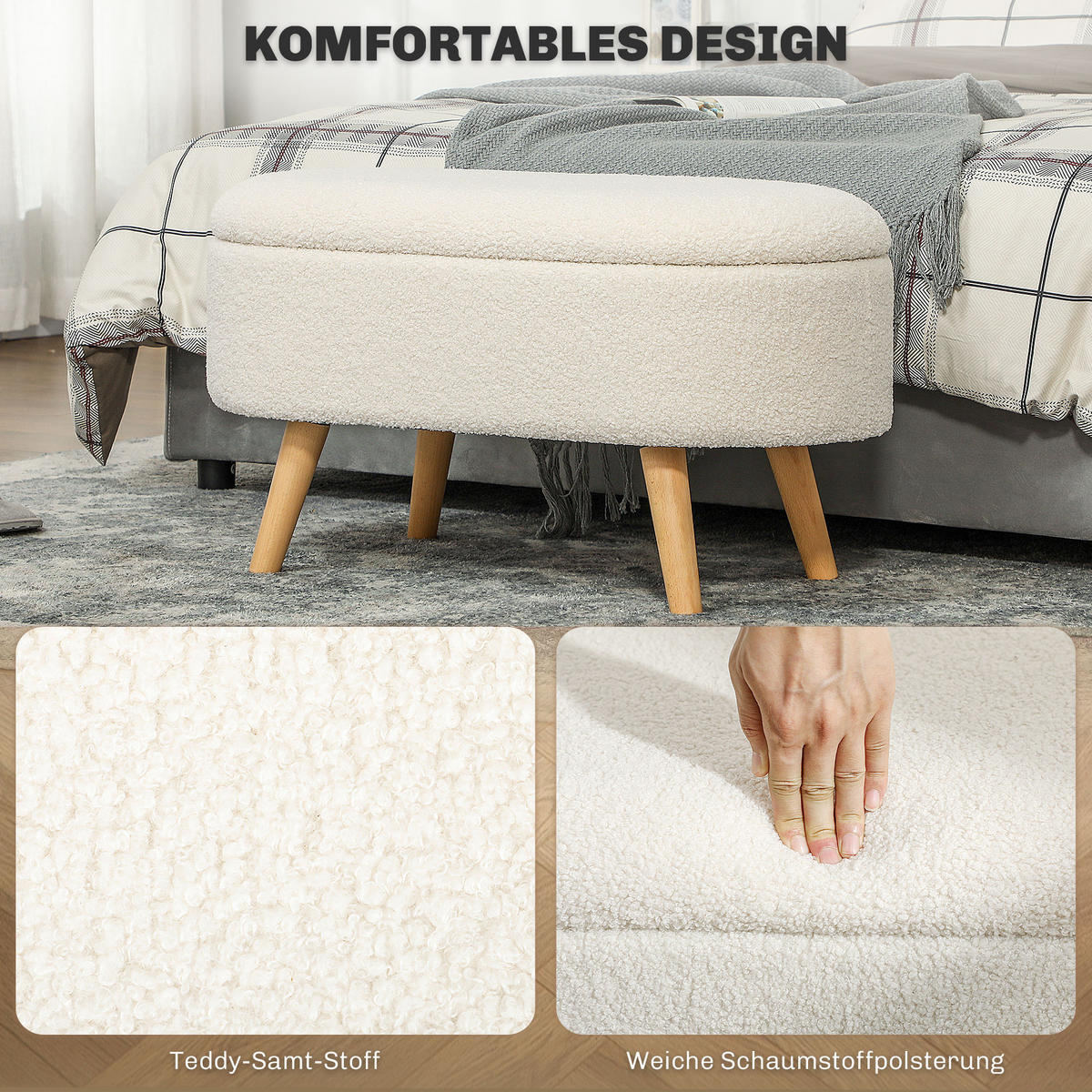 SITZBANK mit Stauraum, Polsterbank mit Deckel, Bettbank mit Teddysamtoptik - Weiß, Kunststoff (41/45/82cm) - HOMCOM