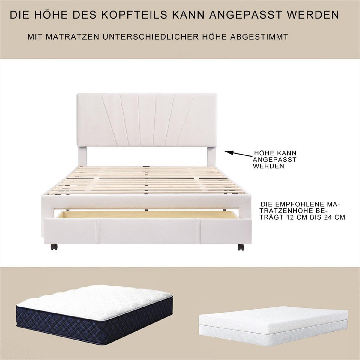 POLSTERBETT 140x200 cm mit höhenverstellbarem Kopfteil - Integrierte Bettschublade am Fußende - ohne Matratze - Beige - Beige, Textil (140/200cm) - DELFA