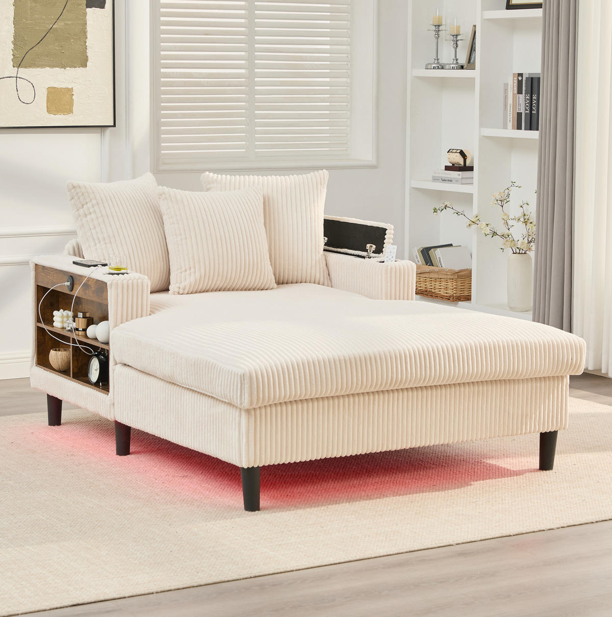 CHAISELONGUE mit Stauraum und USB 129 x 170 cm Cord Beige - Beige, Holz (170/70/129cm) - Meubliv