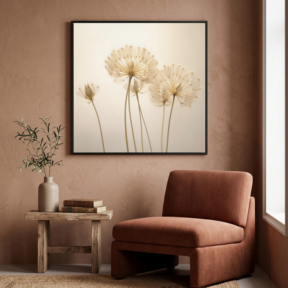 LEINWAND Bilder mit Rahmen - Sonnenlicht - Löwenzahn - Botanisch - Blumen - 90x90 - Creme, Textil (90/90cm) - MuchoWow