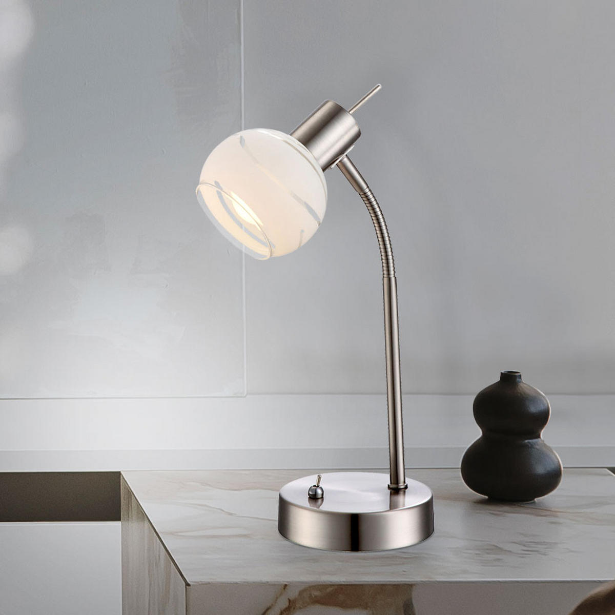 LED TISCHLEUCHTE Metall Silber gemusterter Glaslampenschirm - Silberfarben, Glas (22/22/34cm) - Globo Lighting