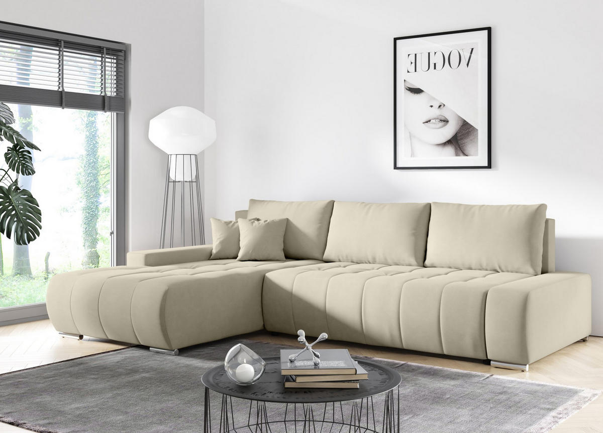 ECKSOFA mit Schlaffunktion Dhaka L, Vanille - Beige, Textil (185/265cm) - Fedve