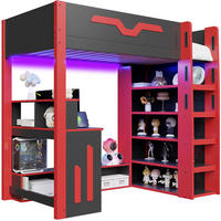 HOCHBETT 90/200 cm aus Holzwerkstoff und Kiefer mit Schreibtisch, Stauraumtreppe und LED Schwarz/Rot - Schwarz, Holzwerkstoff (90/200cm) - Modenvie