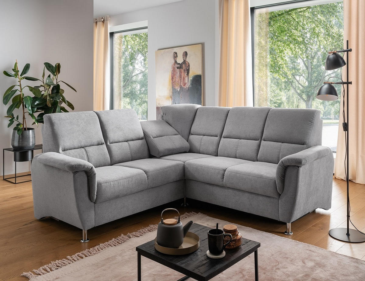ECKSOFA mit gleichschenkligen Seitenlängen, Federkern - Chromfarben/Hellgrau, Textil/Metall (221/221cm) - myHomelando