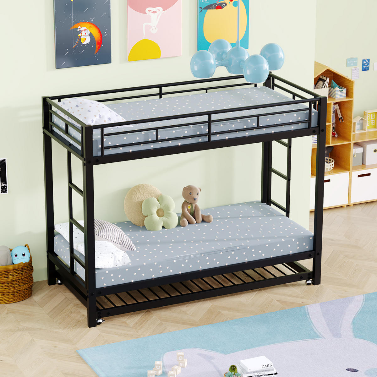 ETAGENBETT 90x200cm Schwarz Metall Ausziehbett EN747 hohe Geländer - Schwarz, Metall (90/200cm) - FLIEKS