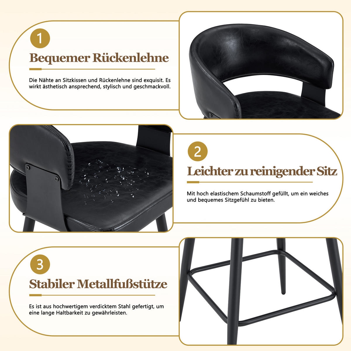 BARHOCKER DE-36675 2er-Set mit Kunstlederbezug und Metallgestell Schwarz - Schwarz, Metall (47/94.5/46cm) - ComfortXL