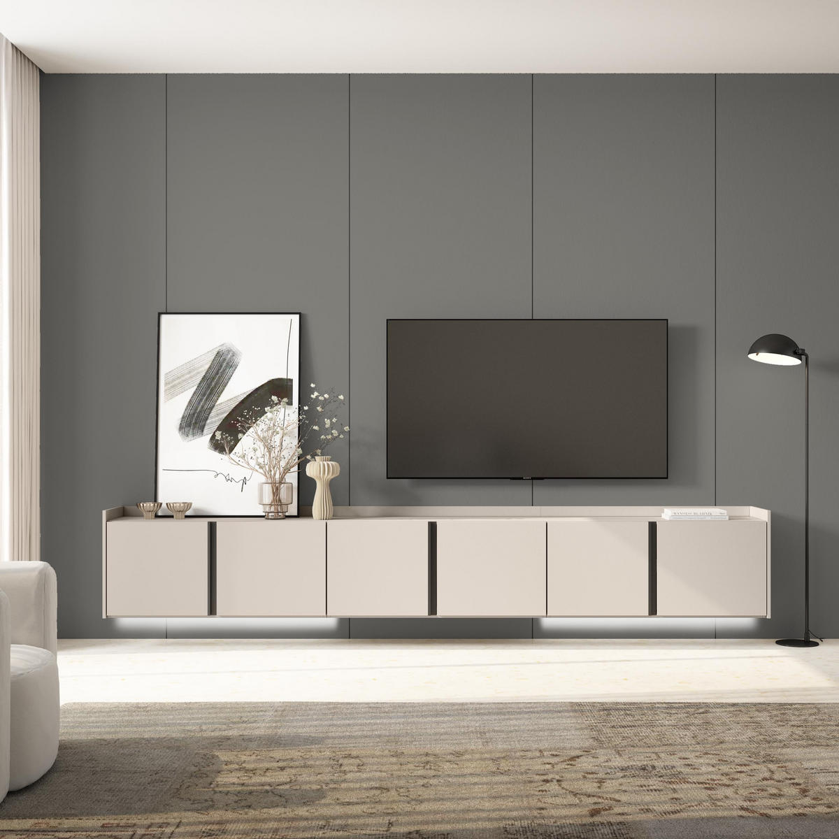 LOWBOARD, Beige, 309/35/50cm, Hängend - Beige, Holzwerkstoff (309/50/35cm) - Skraut Home