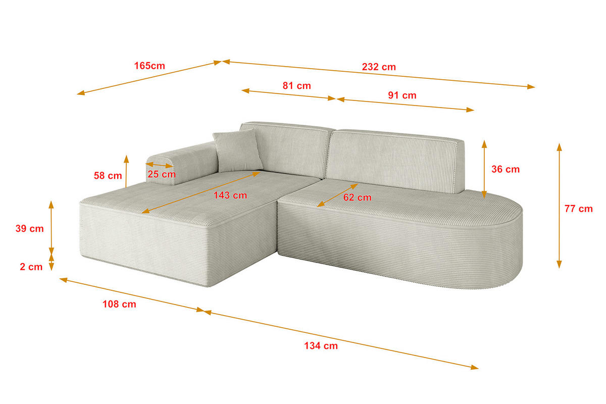 ECKSOFA Ottomane Links IREA-L1-v3 - 232x165x77 cm Creme - Ecru/Creme, Holzwerkstoff/Textil (232/165cm) - ALTDECOR