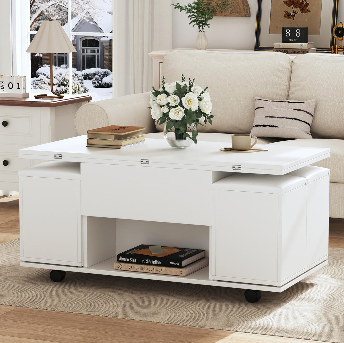 COUCHTISCH 100/100/63,5 cm höhenverstellbar mit Stauraum in Weiß - Weiß, Holzwerkstoff (100/50/48cm) - Flora Grace