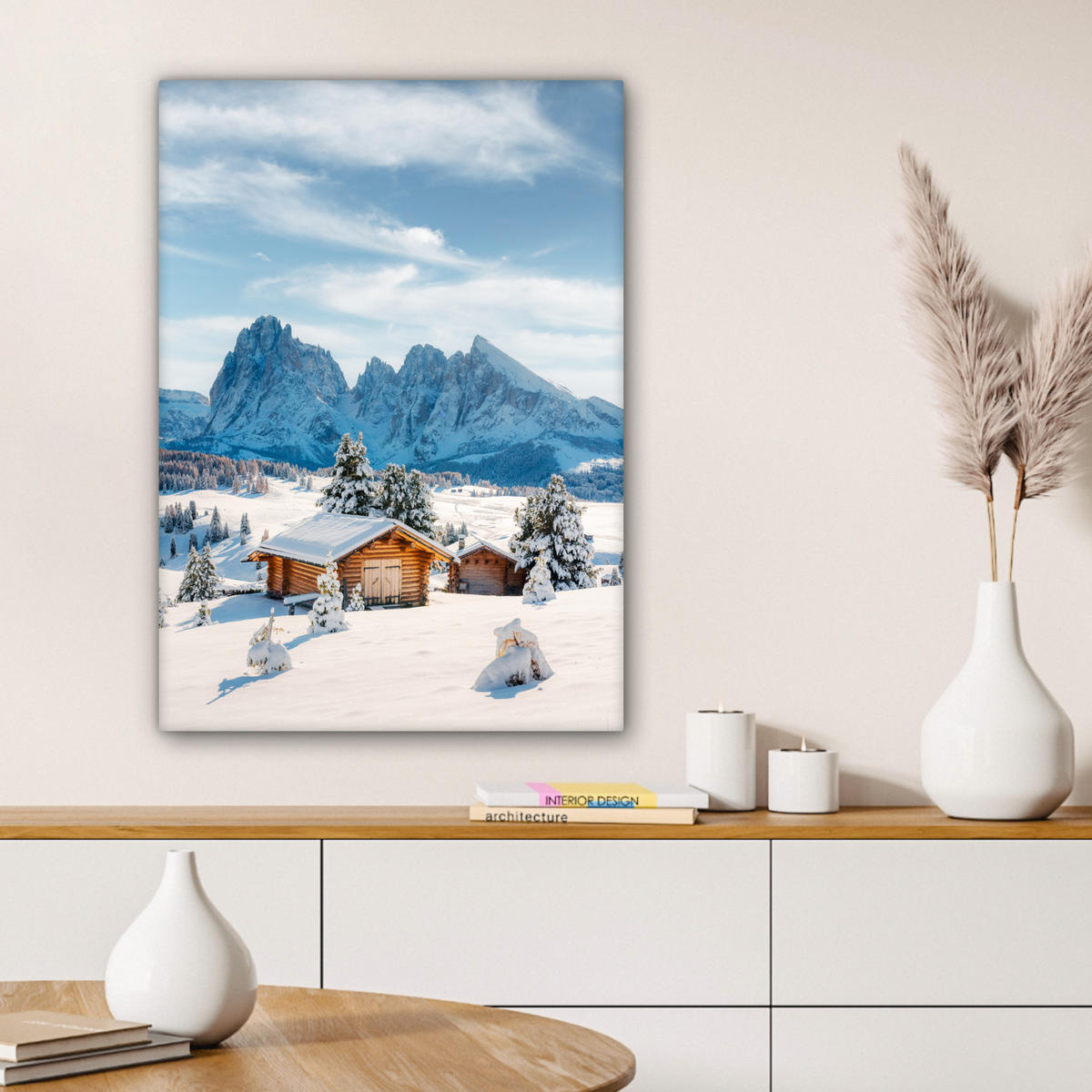 LEINWANDBILD Winter - Hütte - Berge - Aussicht - Schnee 60x80 cm - Eichefarben, Textil (60/80cm) - MuchoWow
