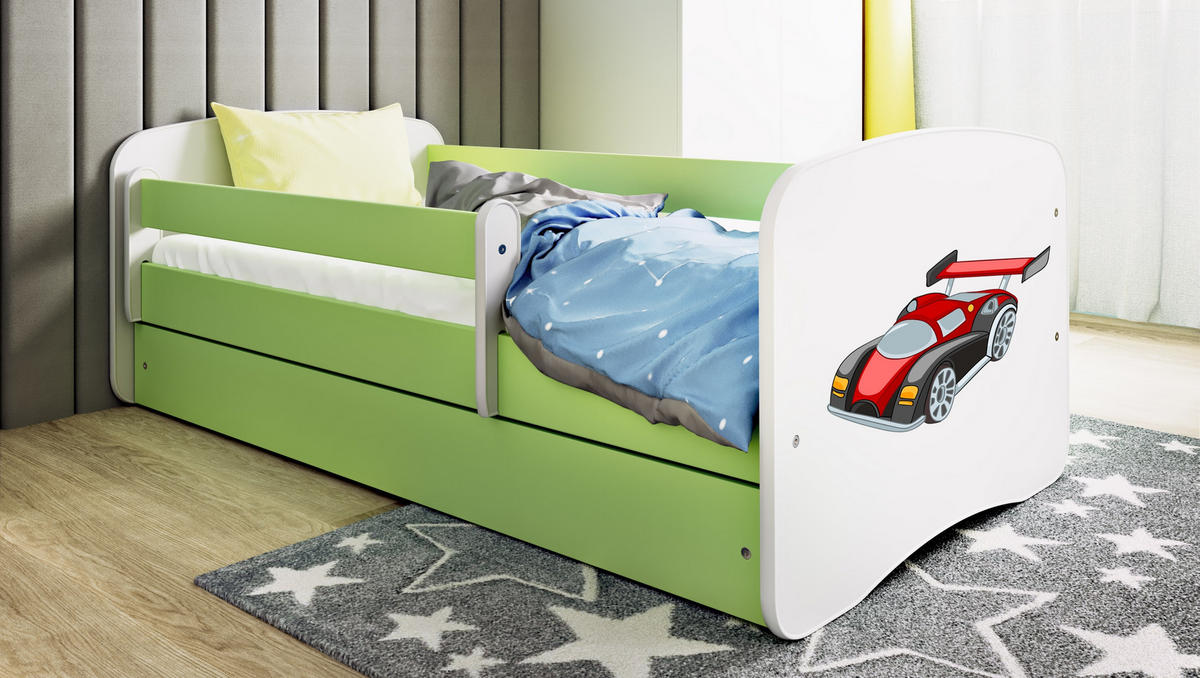 KINDERBETT Rennwagen mit Schublade und Matratze 140/70 - Grün, Holzwerkstoff (70/140cm) - RAUMHIRSCH FURNITURE