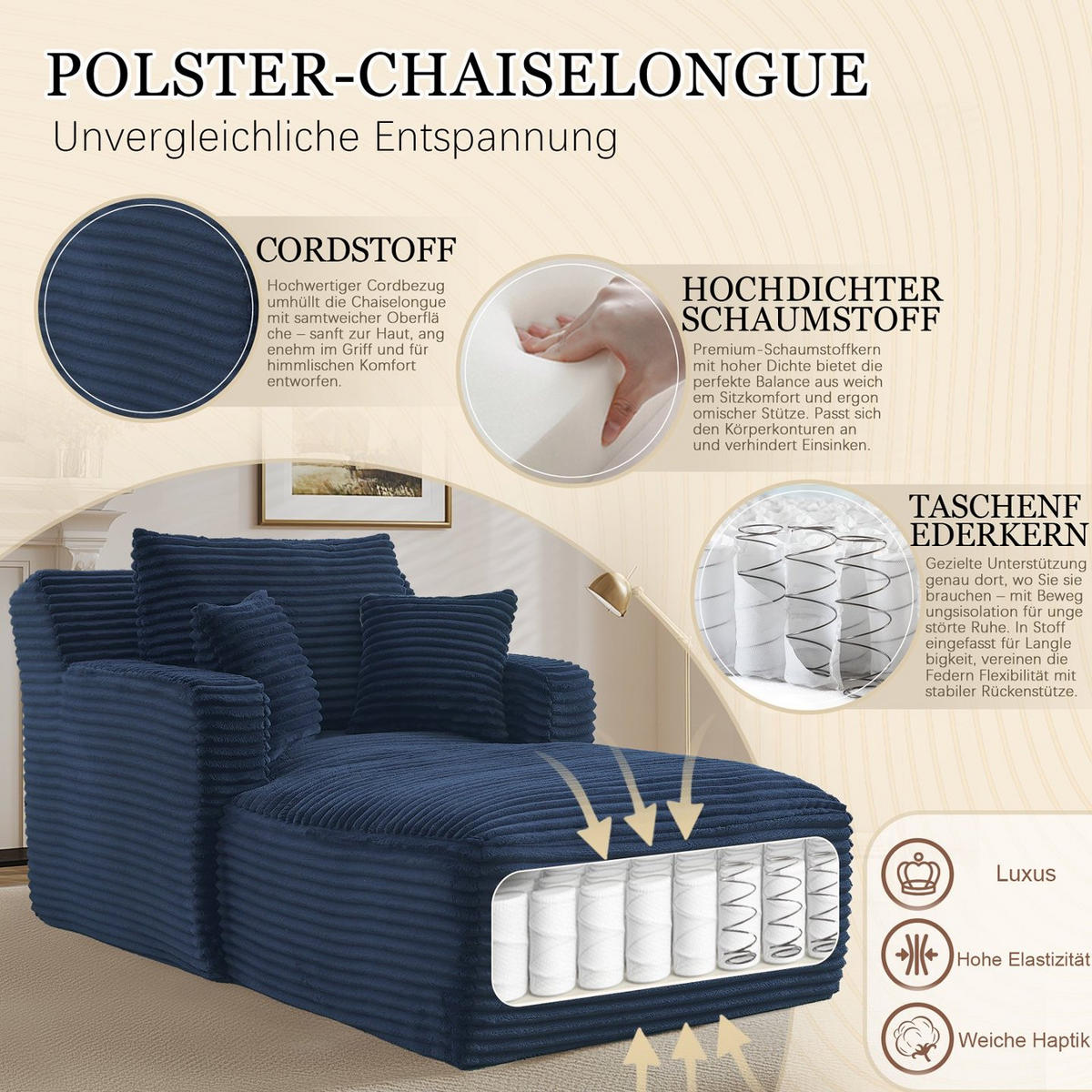 SOFA Cord Blau ohne Montage - Blau, Textil (100/82/166cm) - WISHDOR