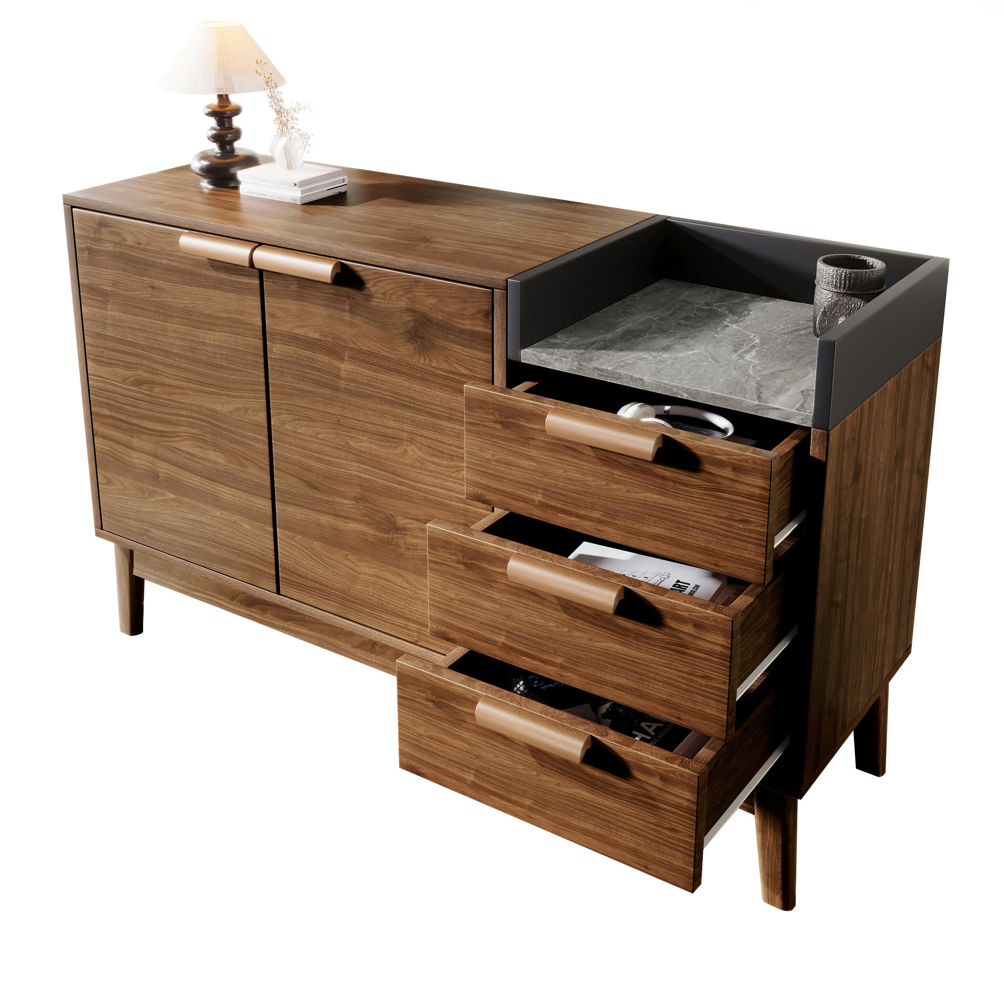 SIDEBOARD mit offener Ablage drei Schubladen Doppeltürschrank höhenverstellbaren Einlegeböden Eiche 120/40/77 cm - Braun, Holz/Holzwerkstoff (120/77/40cm) - EVRYAE