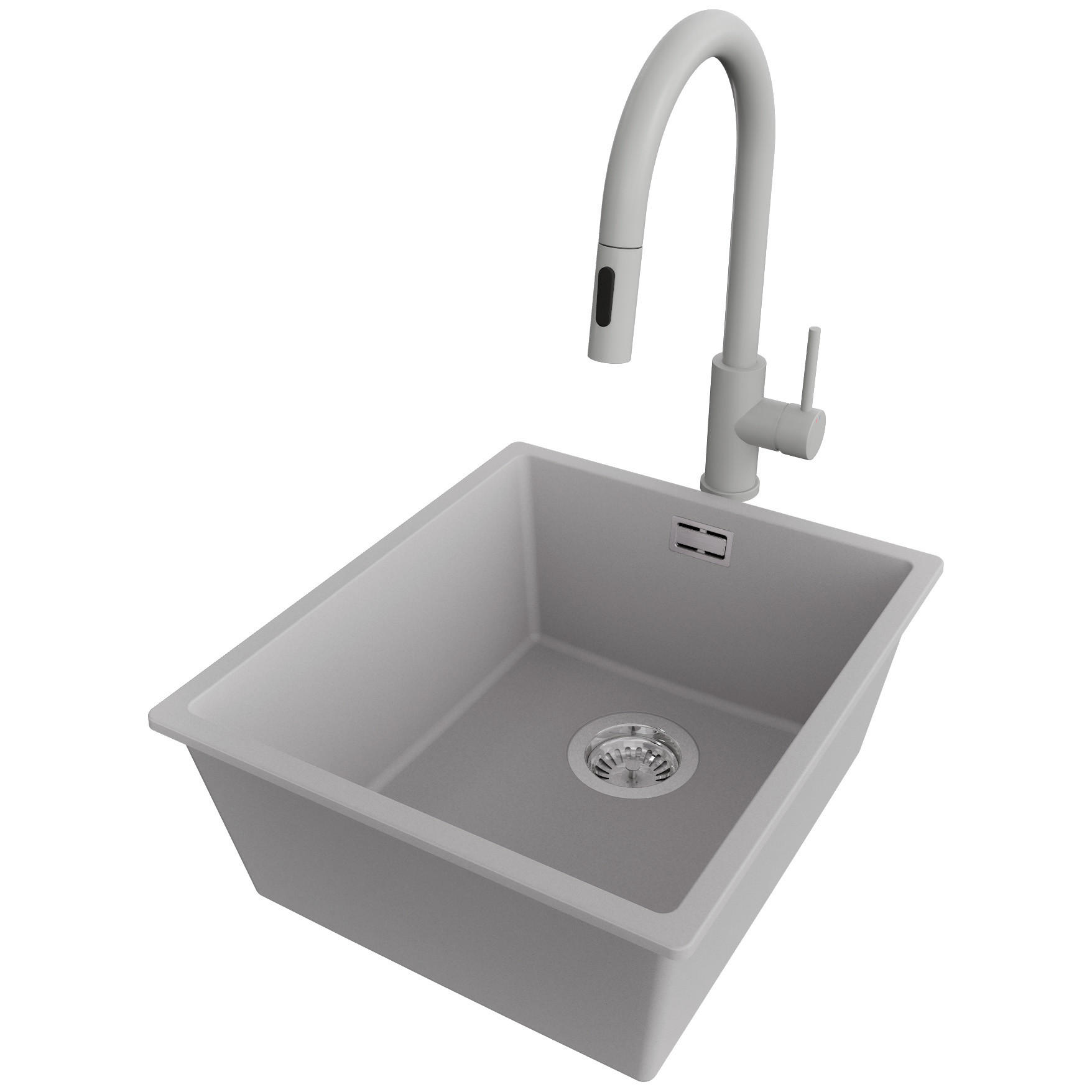 UNTERBAUSPÜLE GRANIT London, 2-er set Grau 41/47 cm 1 Becken + Küchenarmatur 40/20 cm + Ablauf-Set ab 45er Unterschrank - Chromfarben/Grau, Kunststoff (41/20/47cm) - Primagran