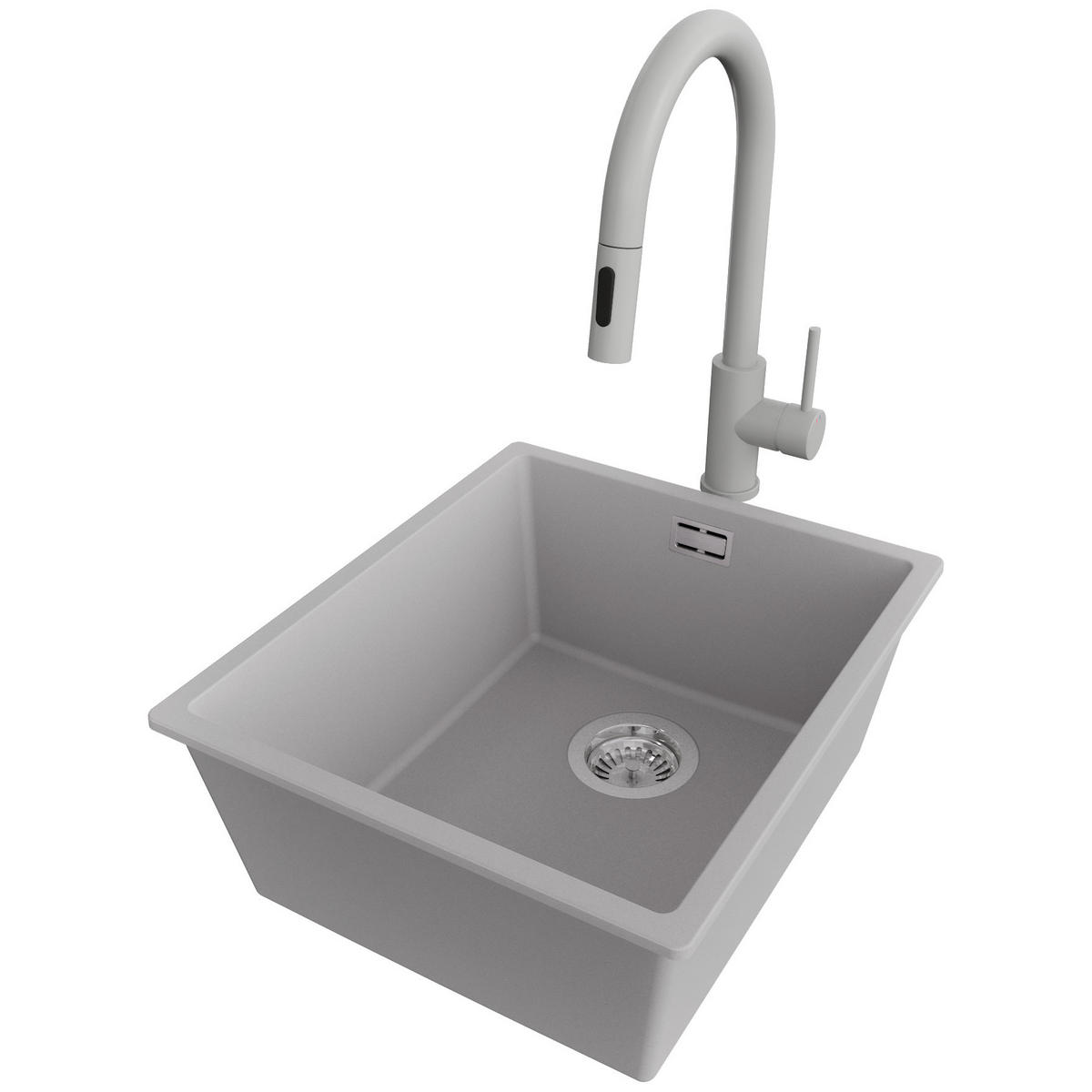 UNTERBAUSPÜLE GRANIT London, 2-er set Grau 41/47 cm 1 Becken + Küchenarmatur 40/20 cm + Ablauf-Set ab 45er Unterschrank - Chromfarben/Grau, Kunststoff (41/20/47cm) - Primagran