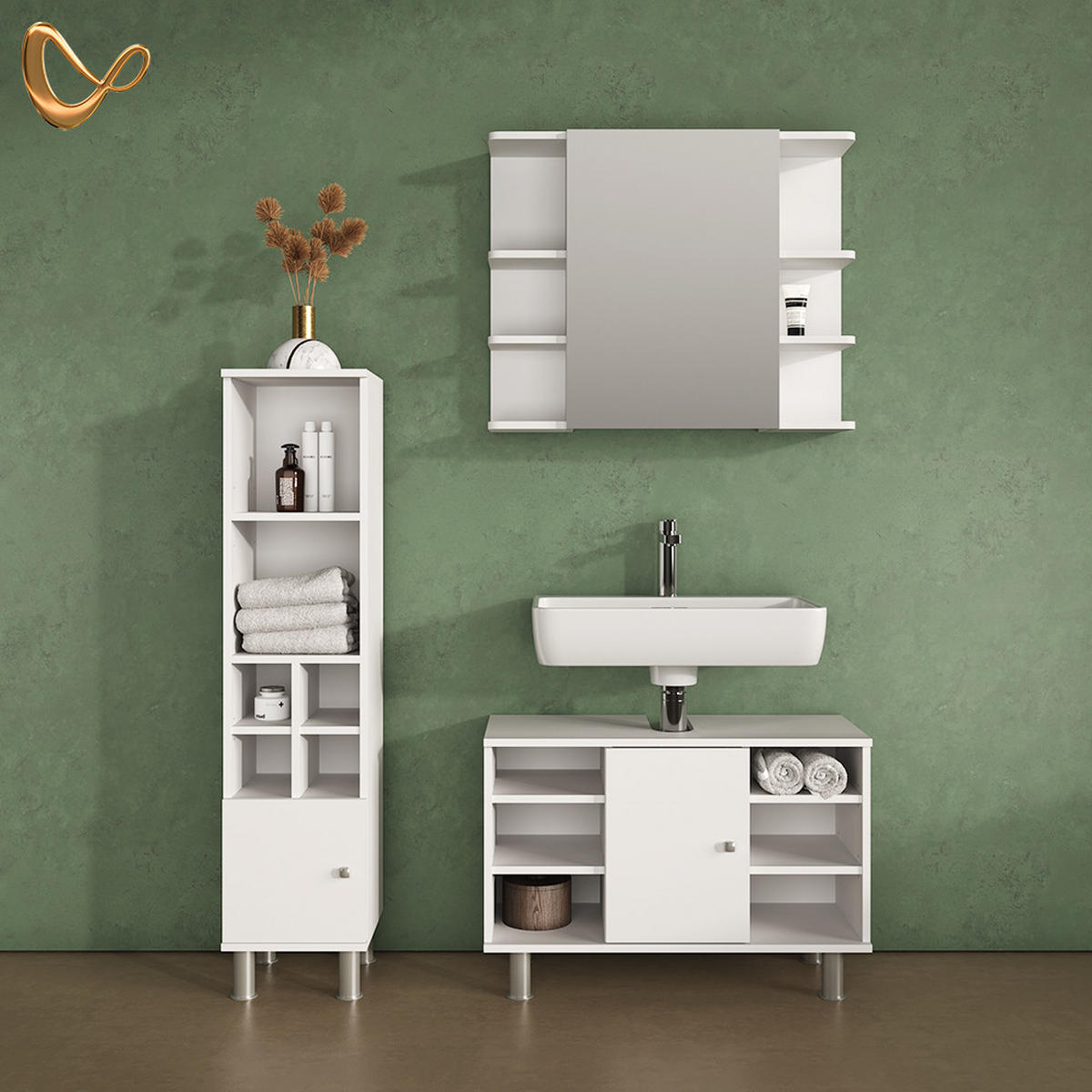 BADMÖBEL-SET Fucino Weiß 3 Teile, mit Midischrank Tür klein - Weiß, Holzwerkstoff (80/54/32cm) - Livinity®
