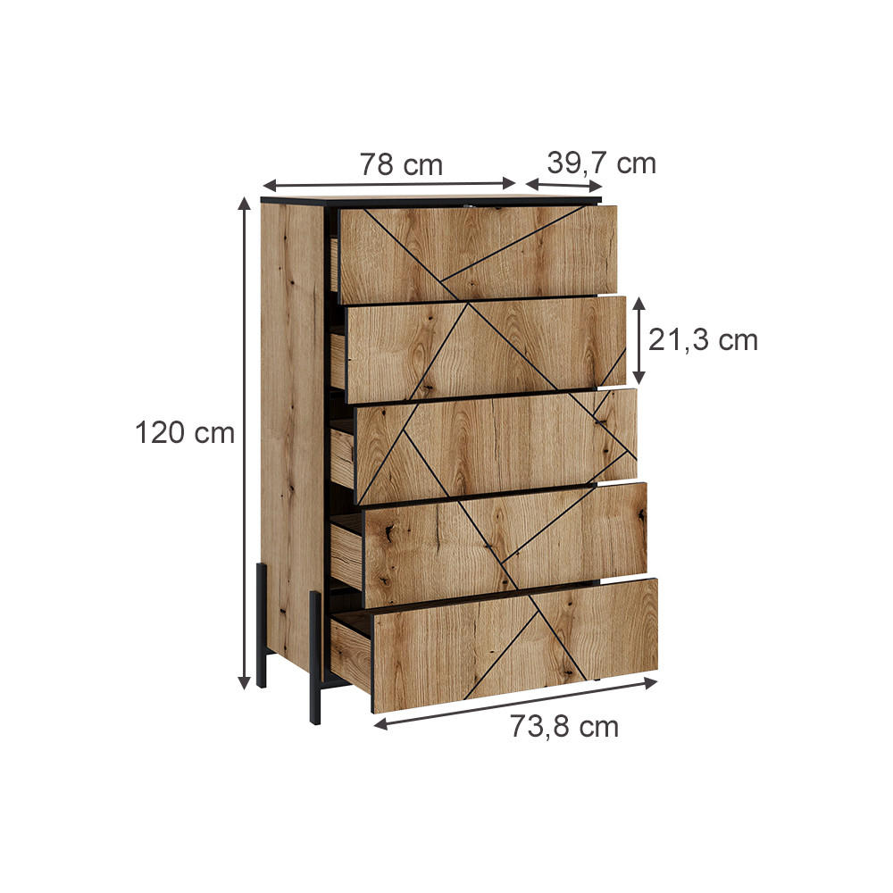 KOMMODE Hatto Eiche 78 x 120 cm mit 5 Schubladen - Eichefarben, Holzwerkstoff (78/120/39.7cm) - Vicco