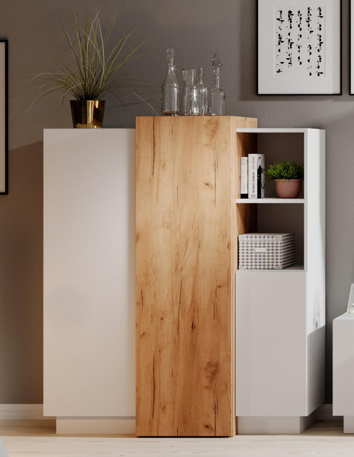 KOMMODE 3D weiß / gold craft oak 110cm / 45 cm / 133,5 cm - Weiß, Holz/Holzwerkstoff (110/133/45cm) - Feldmann-Wohnen