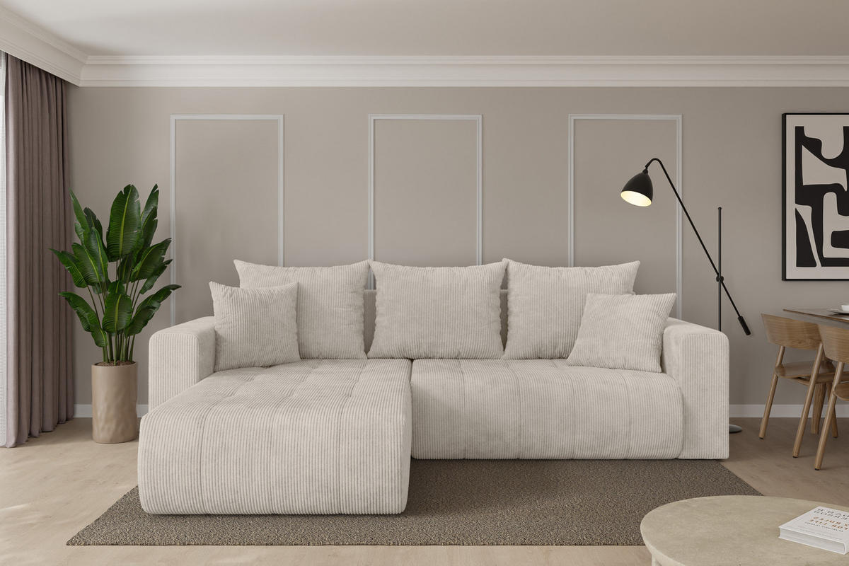 ROHOVÁ SEDAČKA s funkcí spaní, otoman vlevo MILA-L 277x194x86 krémová manšestr - černá/krémová, kompozitní dřevo/textil (277/194cm) - ALTDECOR