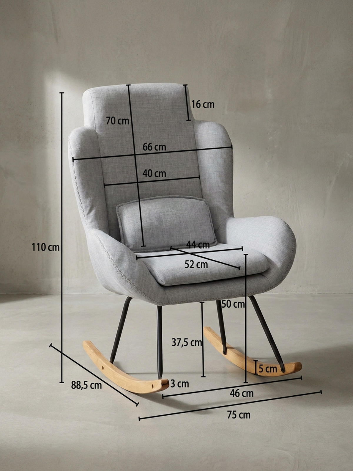 SCHAUKELSTUHL Gummibaumholz Hohe Lehne Abnehmbare Polsterung LAVANT, Anthrazit 75x88x110 cm - Anthrazit/Schwarz, Holz/Textil (75/110/88cm) - KADIMA DESIGN