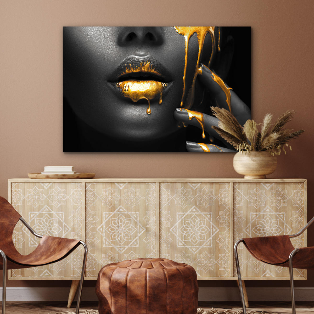 METALLBILD Frau - Schwarz - Gold - Gesicht - Lippen 120x80 cm - Goldfarben, Metall (120/80cm) - MuchoWow