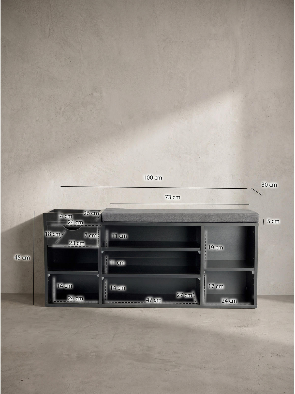 GARDEROBENBANK CARTAGENA, Stoff, Schwarz, 100 x 30 x 45 cm - Schwarz, Holzwerkstoff/Textil (100/45/30cm) - KADIMA DESIGN