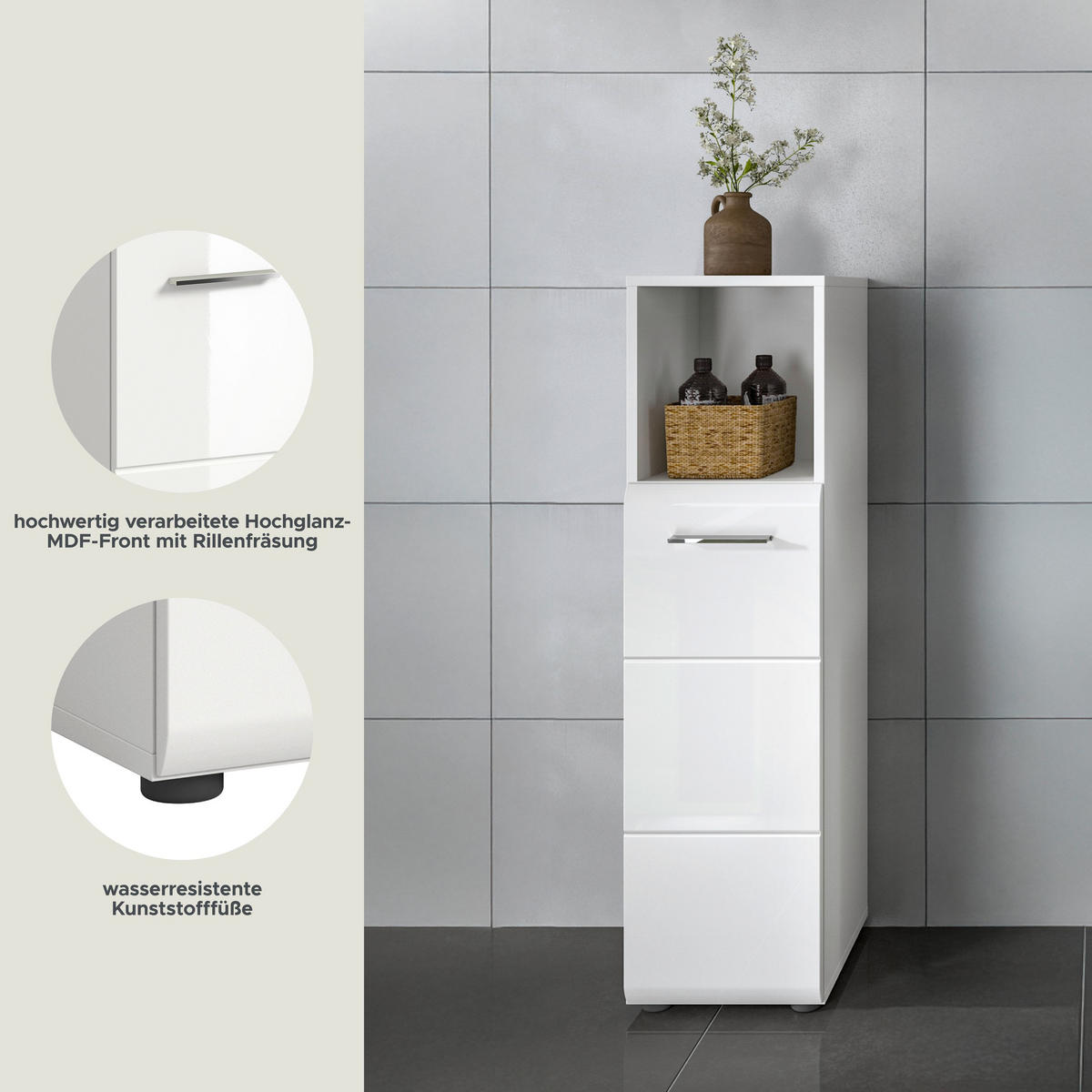 STANDSCHRANK hoch Ice Bad in weiß Nachbildung und weiß hochglanz B/H/T: 30x110x30 cm - Weiß, Holz (30/110/30cm)