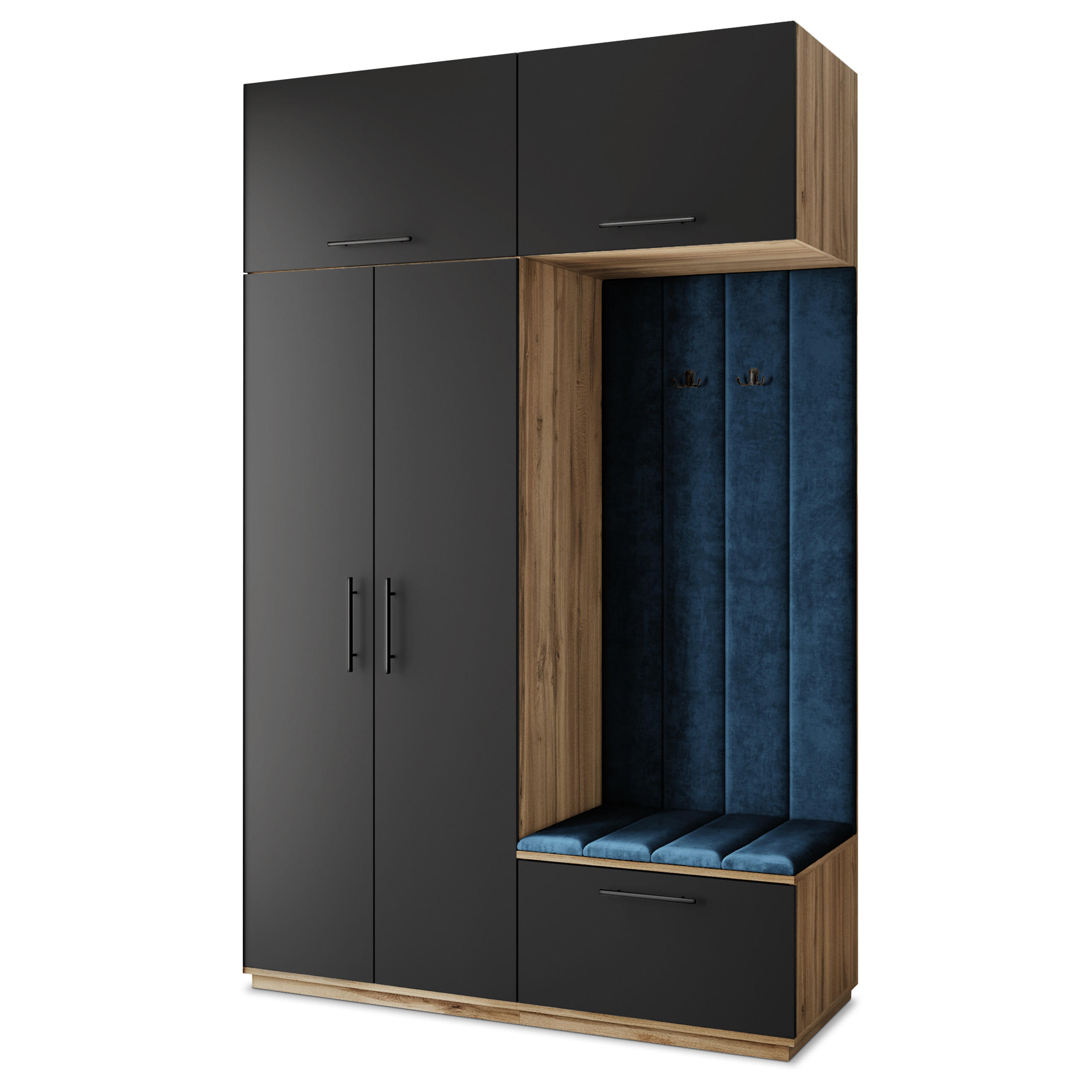 Masseno Garderobenschrank Eiche Wotan, Schwarz, Blau 150x240x60 cm