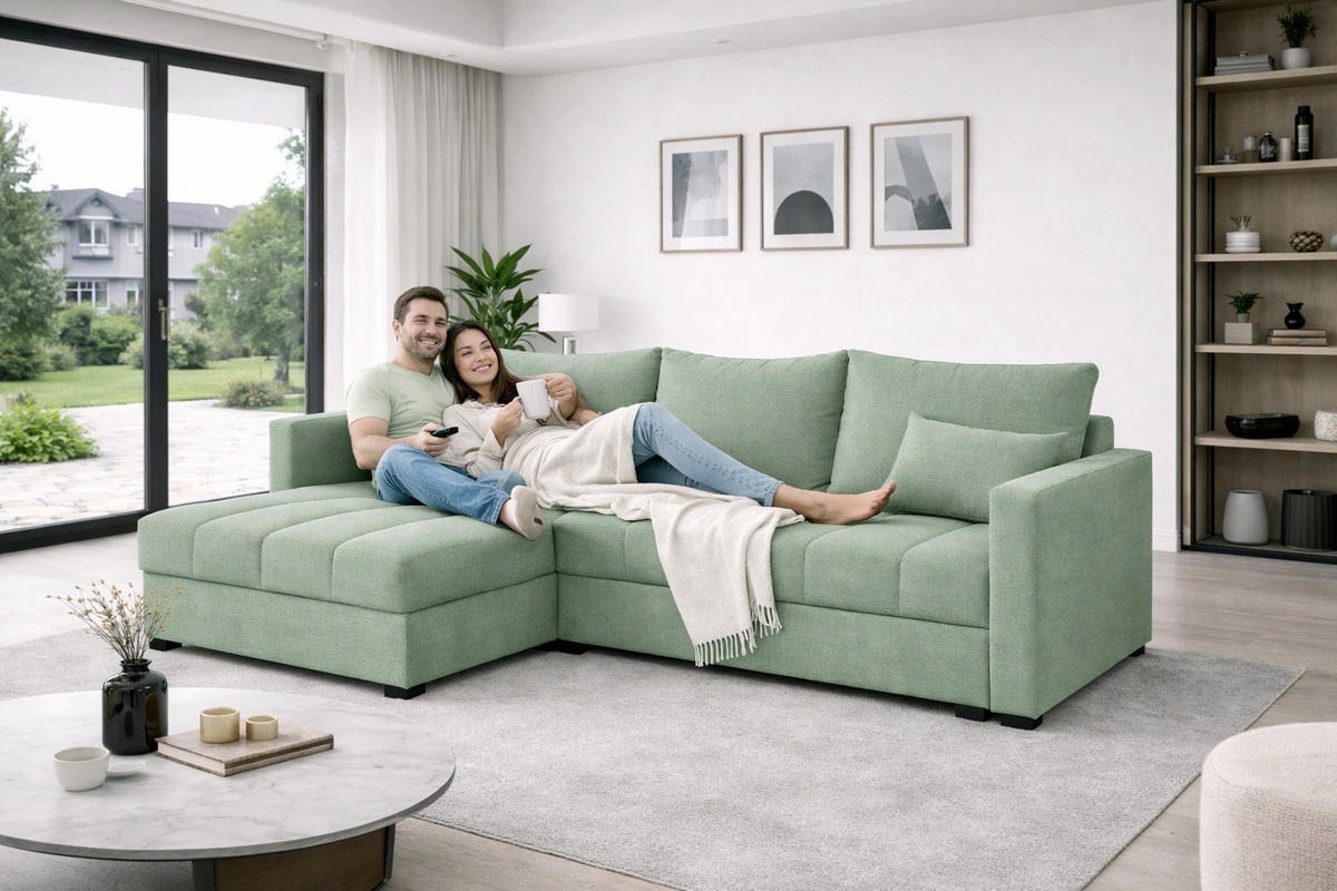 WOHNLANDSCHAFT AURELIA– Ecksofa in L-Form mit Schlaffunktion Bettkasten & Kissen Stoff KRONOS 226 cm Grün - Grün, Kunststoff (226/140cm) - Wohnideebilder
