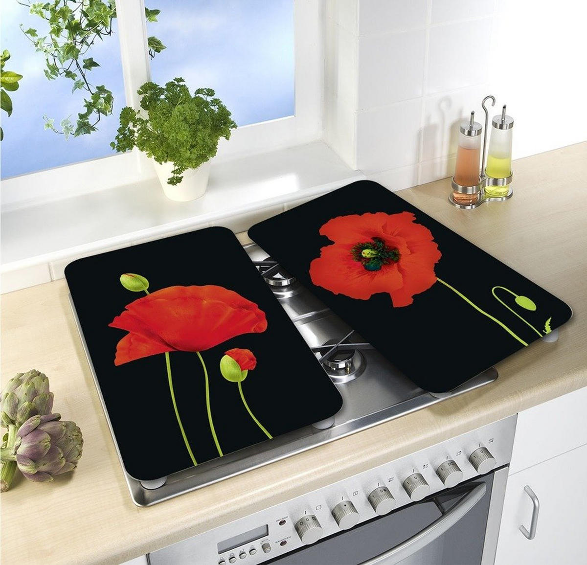 GLASSCHUTZPLATTEN für Herd - 2 Stück Maki - Schwarz, Glas (30/4.5/52cm) - Maximex