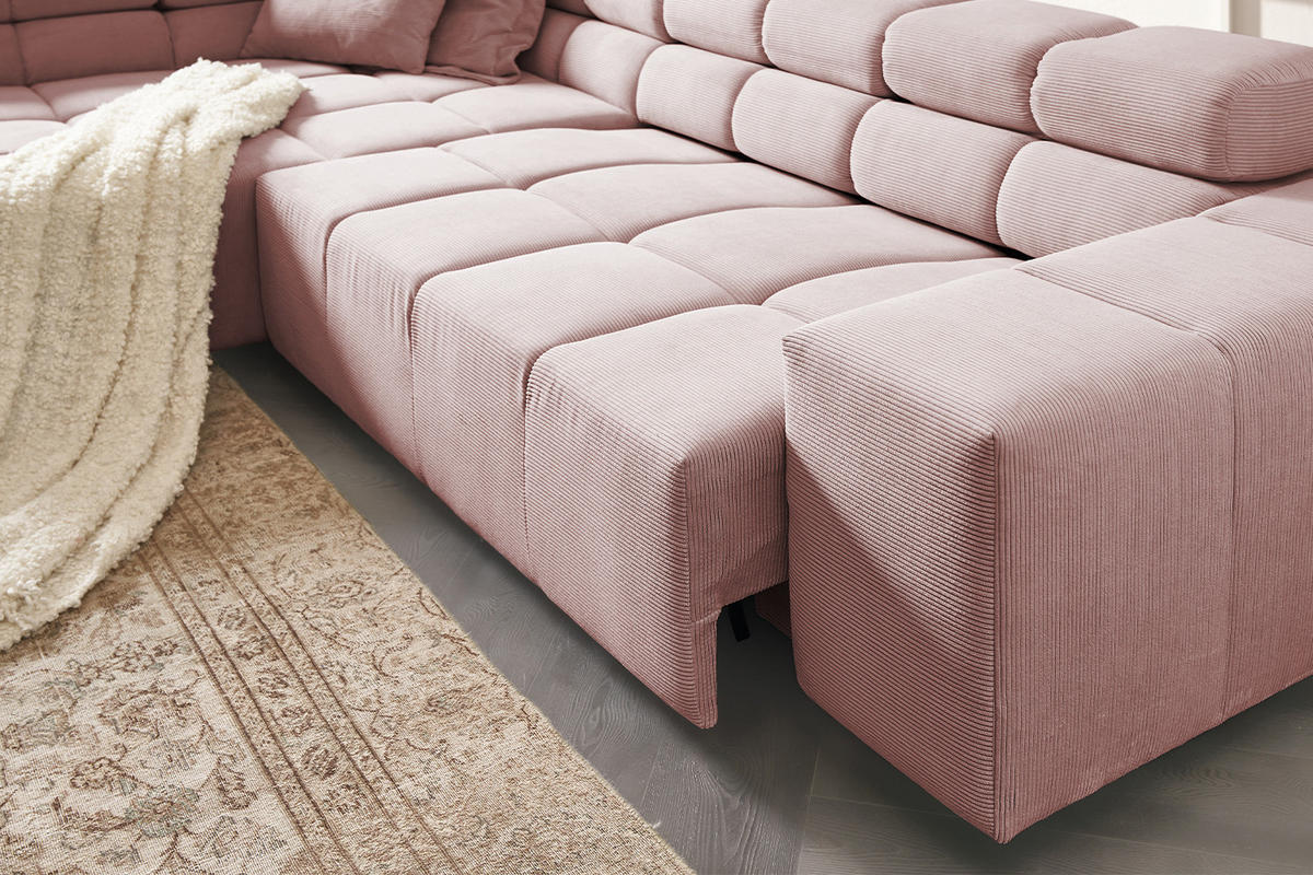 ECKSOFA MIT MOTORISCHEM SITZVORZUG NEVADA Pink Cord - Pink/Schwarz, Kunststoff/Textil (319/215cm) - KAWOLA