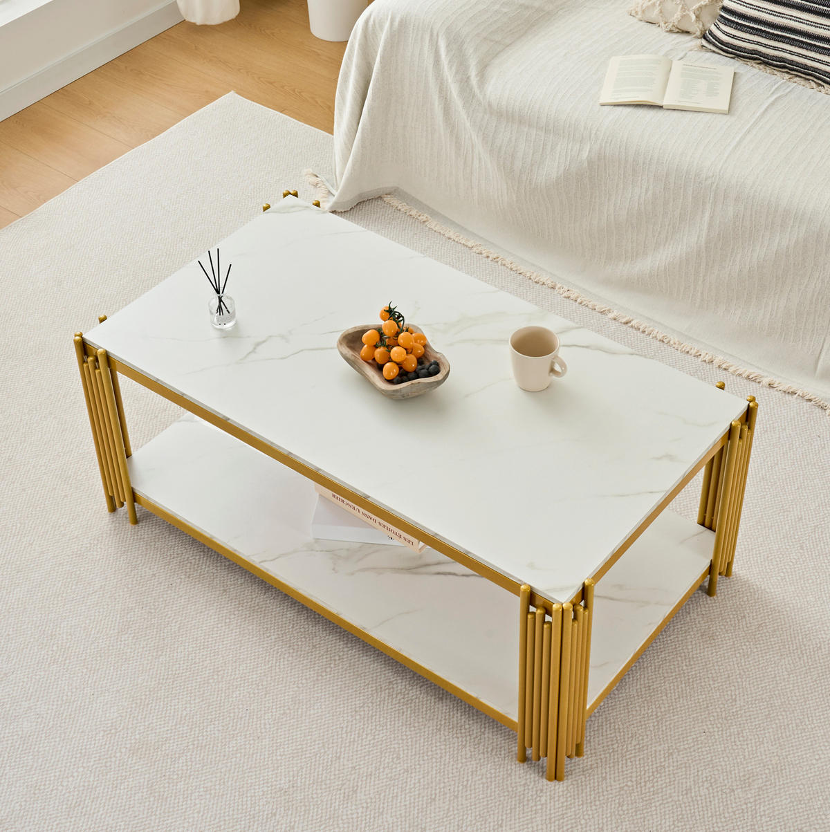 COUCHTISCH aus MDF und Metall 114x63.5x46.3cm in Weiß mit 2 Ablagen - Weiß, Holzwerkstoff (114/63.5/46.3cm) - Modfu