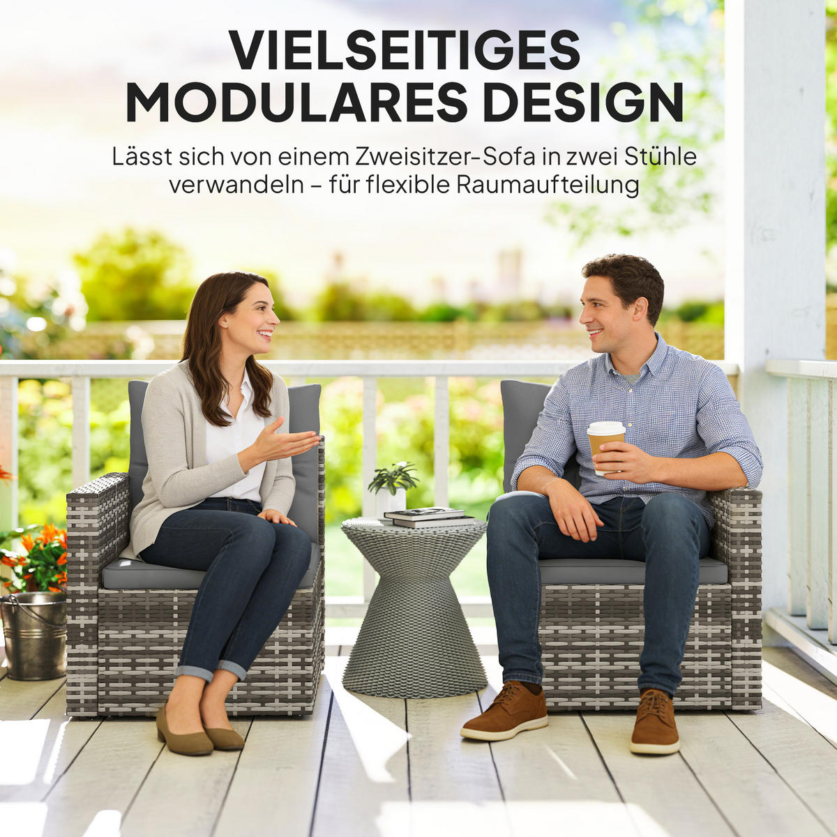 2-SITZER-RATTANSOFA PE-Rattan Stahl Hellgrau - Hellgrau/Schwarz, Kunststoff/Textil - Outsunny