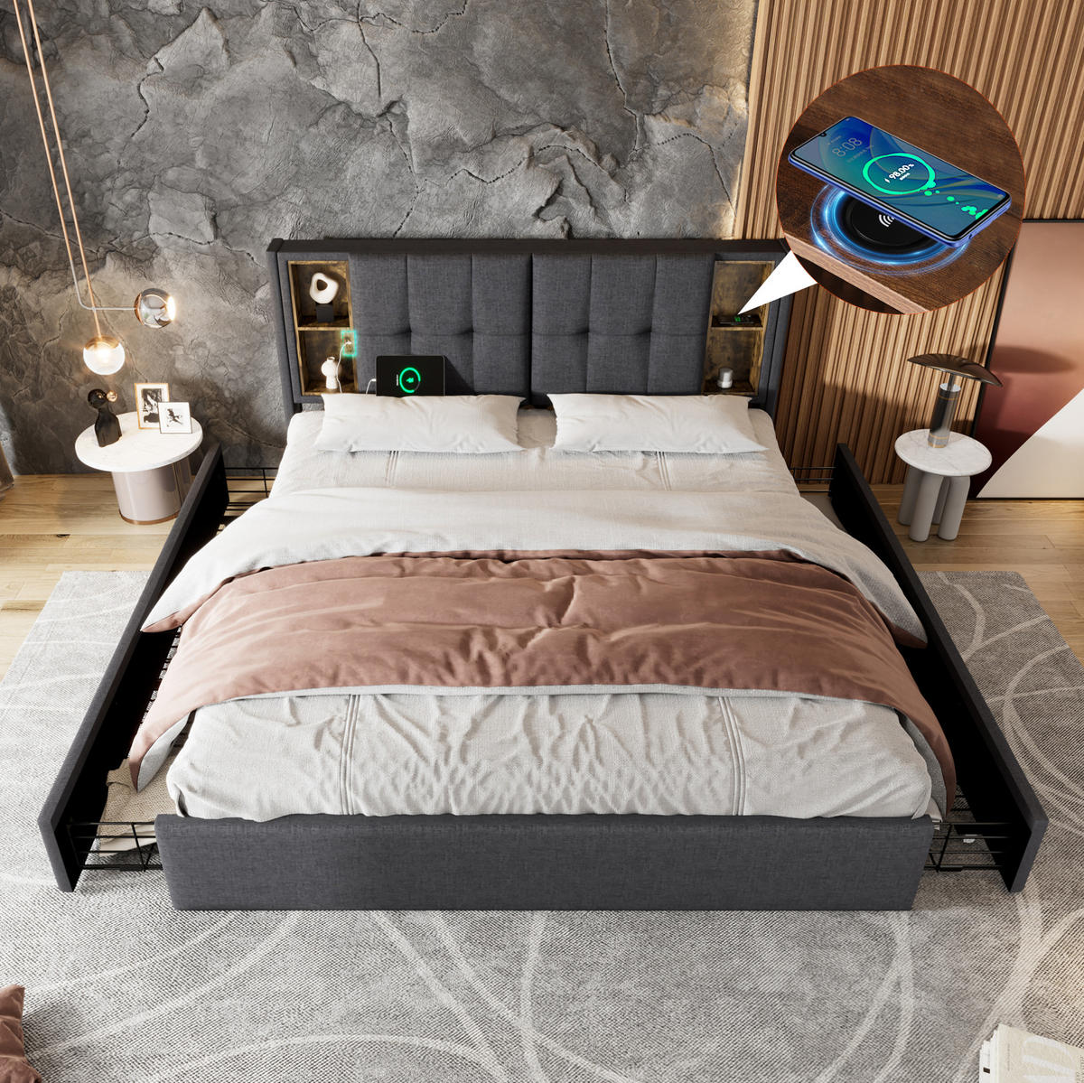 BETT mit 4 Schubladen und Ladestation 160x200 cm Leinen Grau - Grau, Metall (160/200cm) - Meubliv