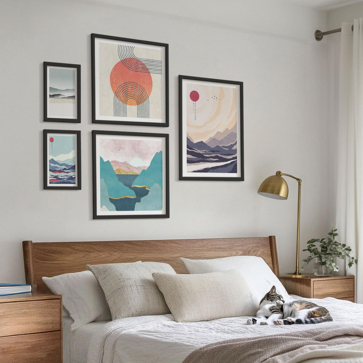 WANDBILDER 5er-Set - 50x50 cm & 20x30 cm & 40x60 cm Schwarzer Rahmen - Farbenfrohe Muster der Japandi-Flussberge - Schwarz, Kunststoff (40/60cm) - ArtPrintCave
