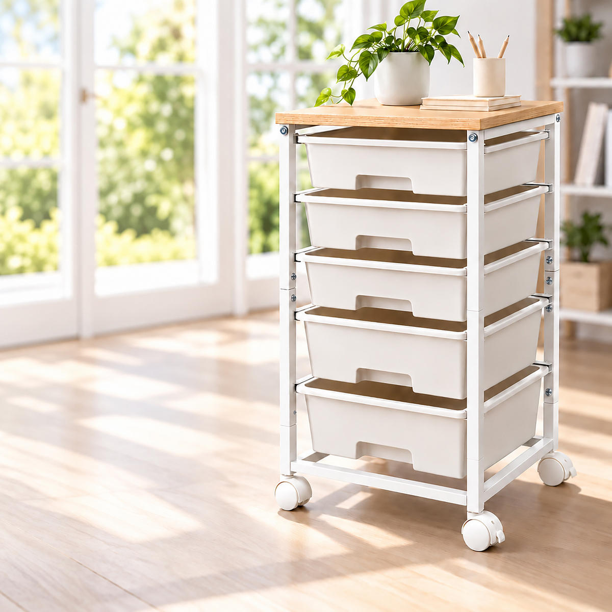 ROLLWAGEN Weiß 5-Schubladen Kunststoff Tischplatte Holzoptik 77 cm - Weiß, Holzwerkstoff/Kunststoff (38.5/77/28.5cm) - Relaxdays