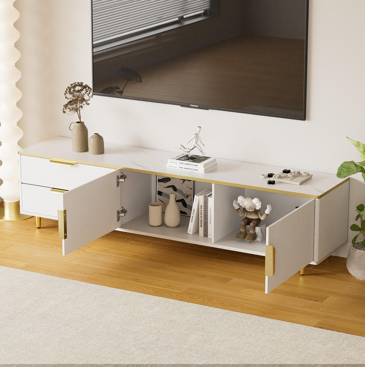 TV-SCHRANK in Weiß und Gold mit 2 Schubladen und 2 Türen 175/40/45 cm - Weiß, Holzwerkstoff (175/45/40cm) - Redom