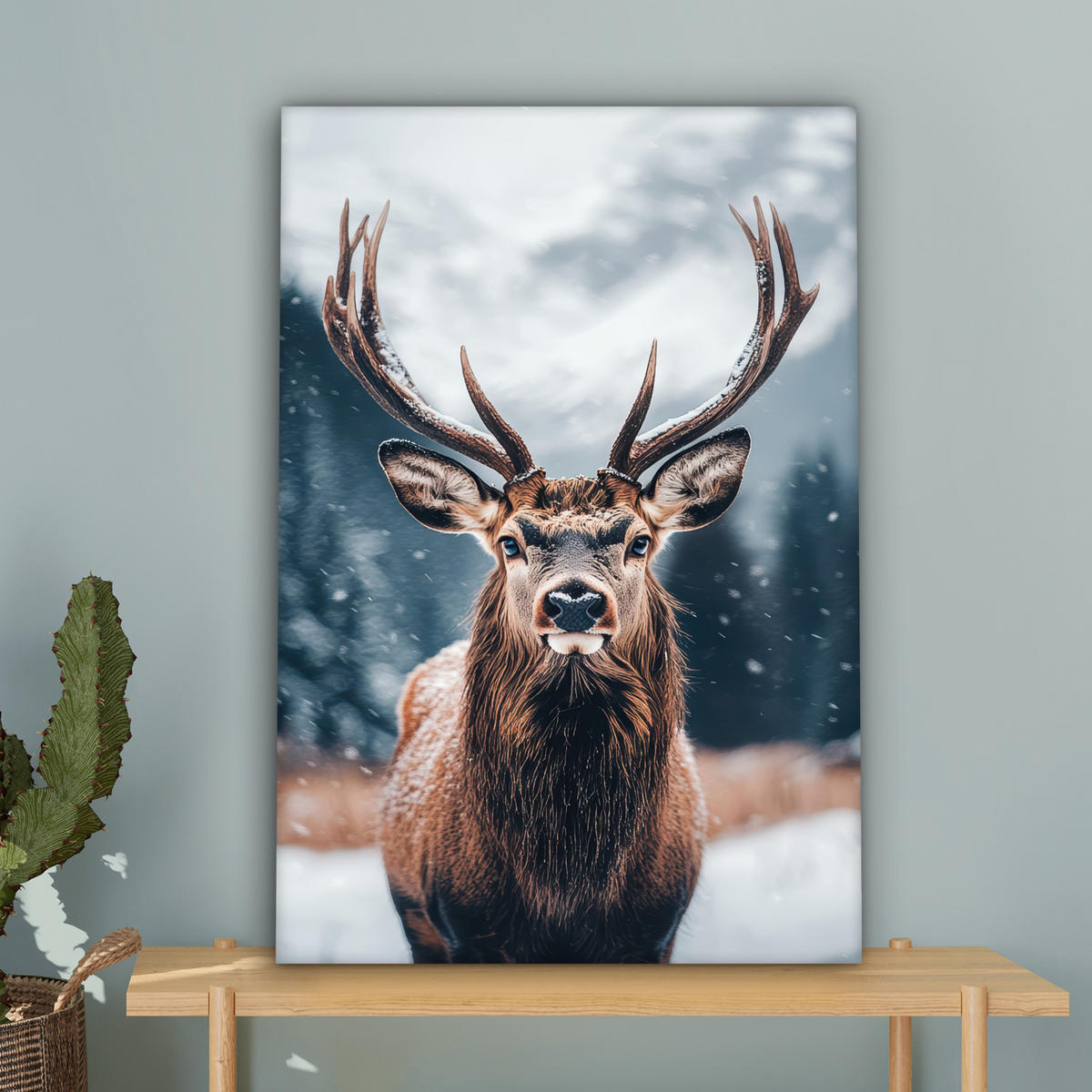 LEINWANDBILD Hirsche - Tiere - Landschaft - Winter - Schnee 60x90 cm - Kastanienfarben, Textil (60/90cm) - MuchoWow